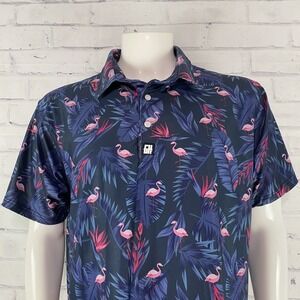 Greater Half Shirt Men's Large Polo Short Sleeve GH Shirt Blue Flamingo Hawaiian